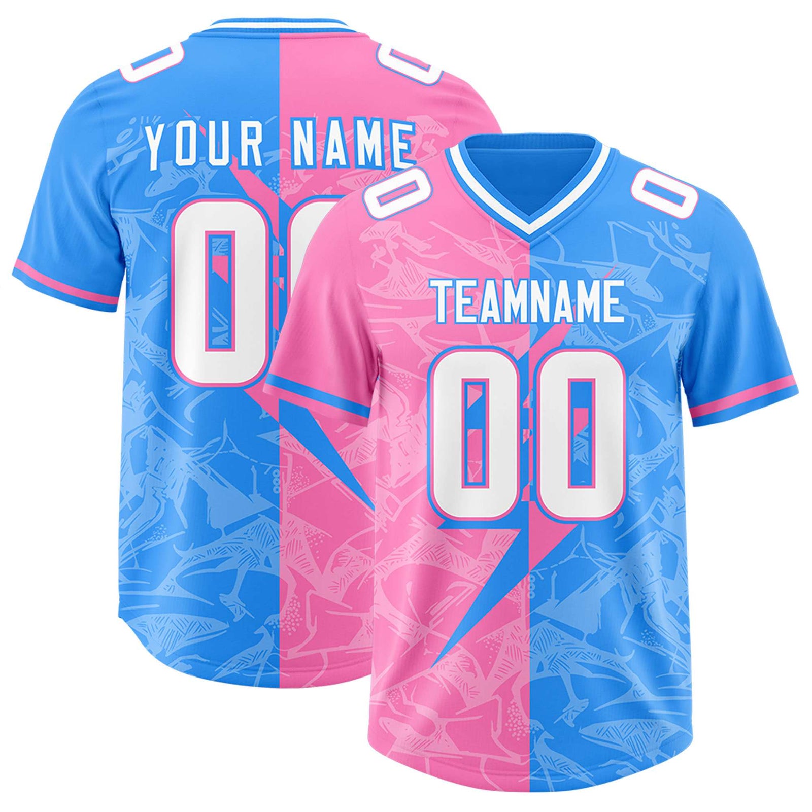 Custom Light Blue Pink Split Personalized Lightning Pattern Football Jersey