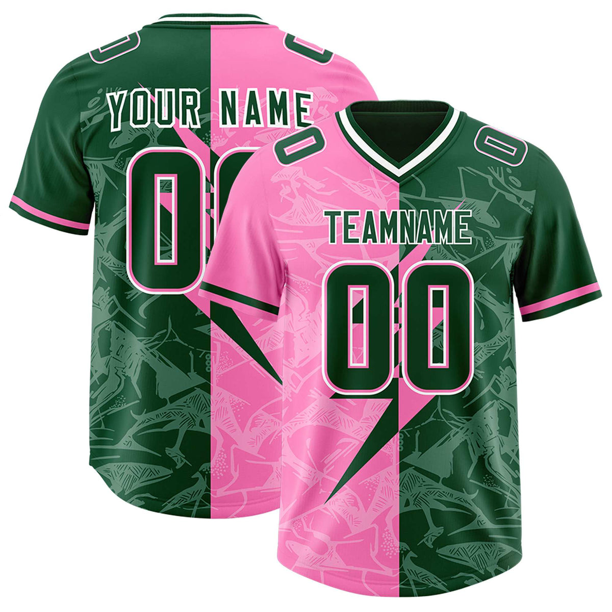 Custom Pink Green Split Personalized Lightning Pattern Football Jersey