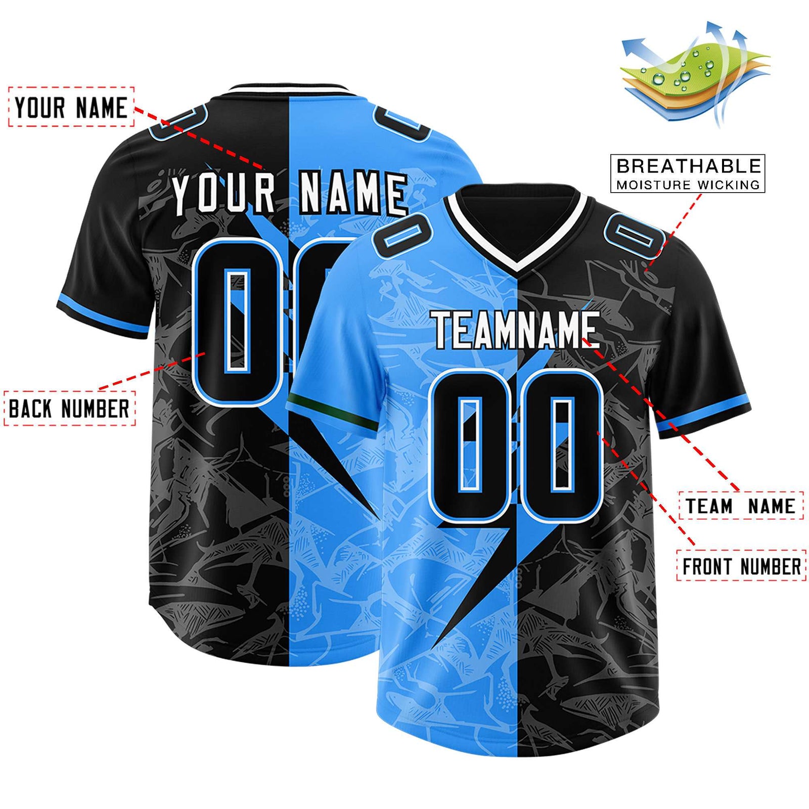 Custom Black Light Blue Split Personalized Lightning Pattern Football Jersey