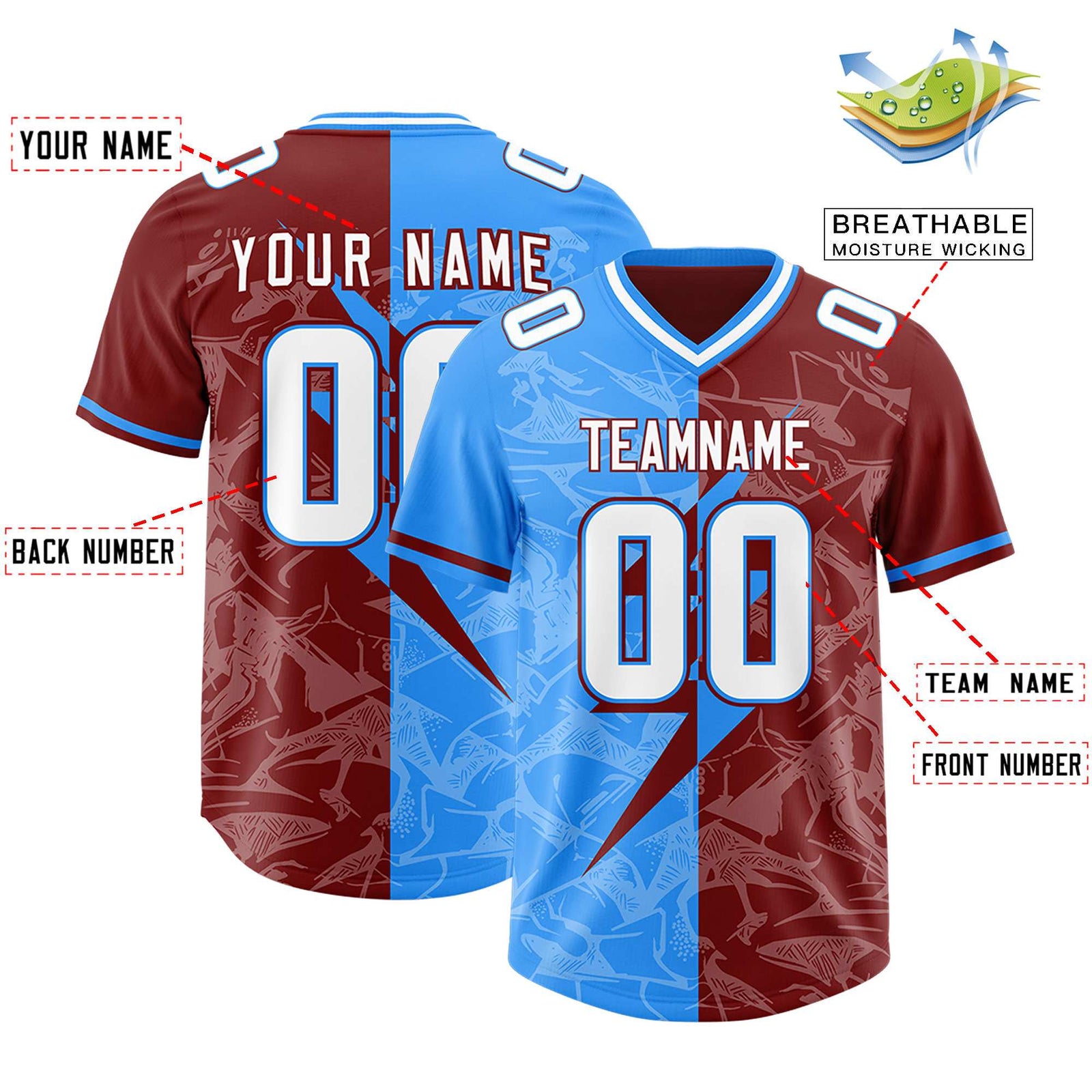 Custom Crimson Light Blue Split Personalized Lightning Pattern Football Jersey