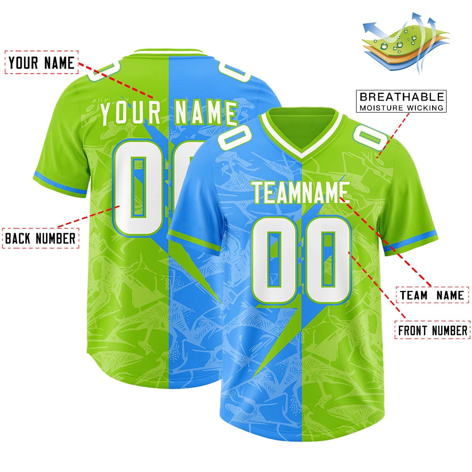 Custom Neon Green Light Blue Split Personalized Lightning Pattern Football Jersey