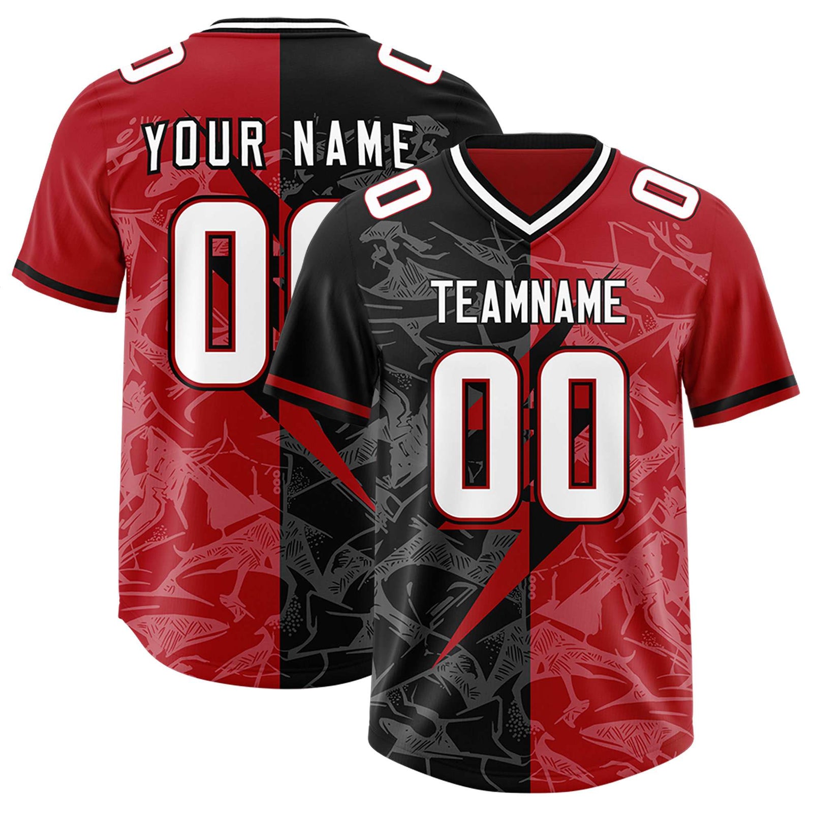 Custom Black Red Split Personalized Lightning Pattern Football Jersey