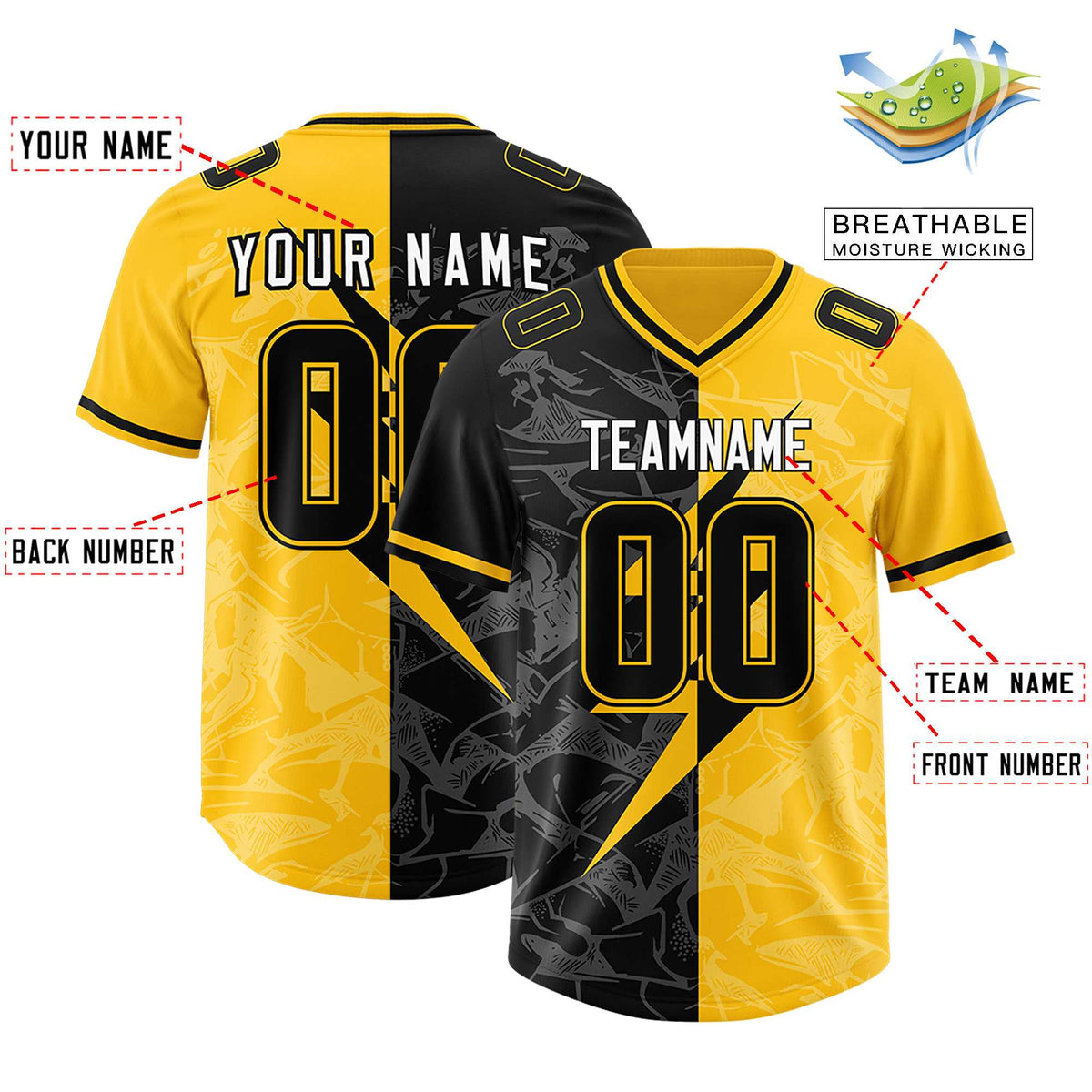 Custom Yellow Black Split Personalized Lightning Pattern Football Jersey