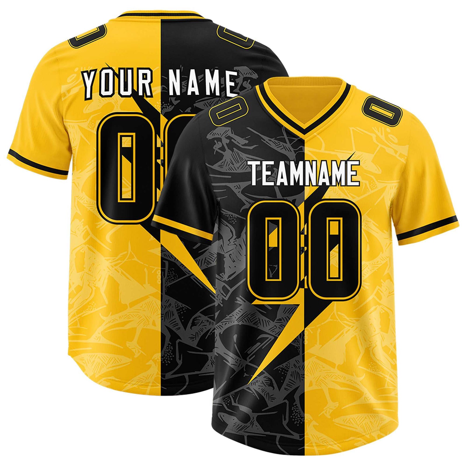 Custom Yellow Black Split Personalized Lightning Pattern Football Jersey