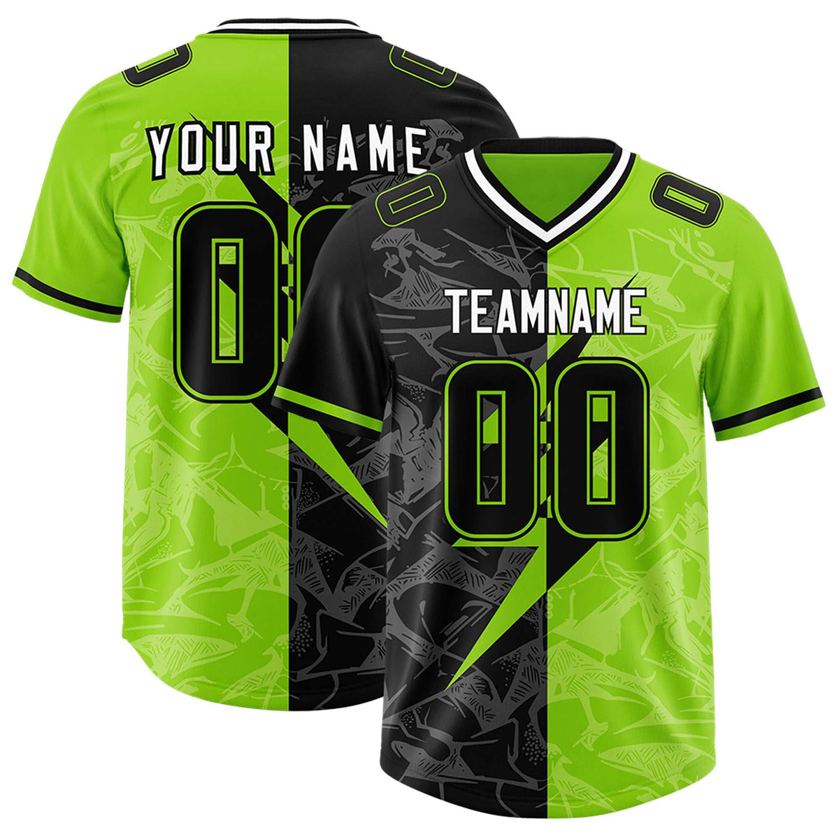 Custom Neon Green Black Split Personalized Lightning Pattern Football Jersey
