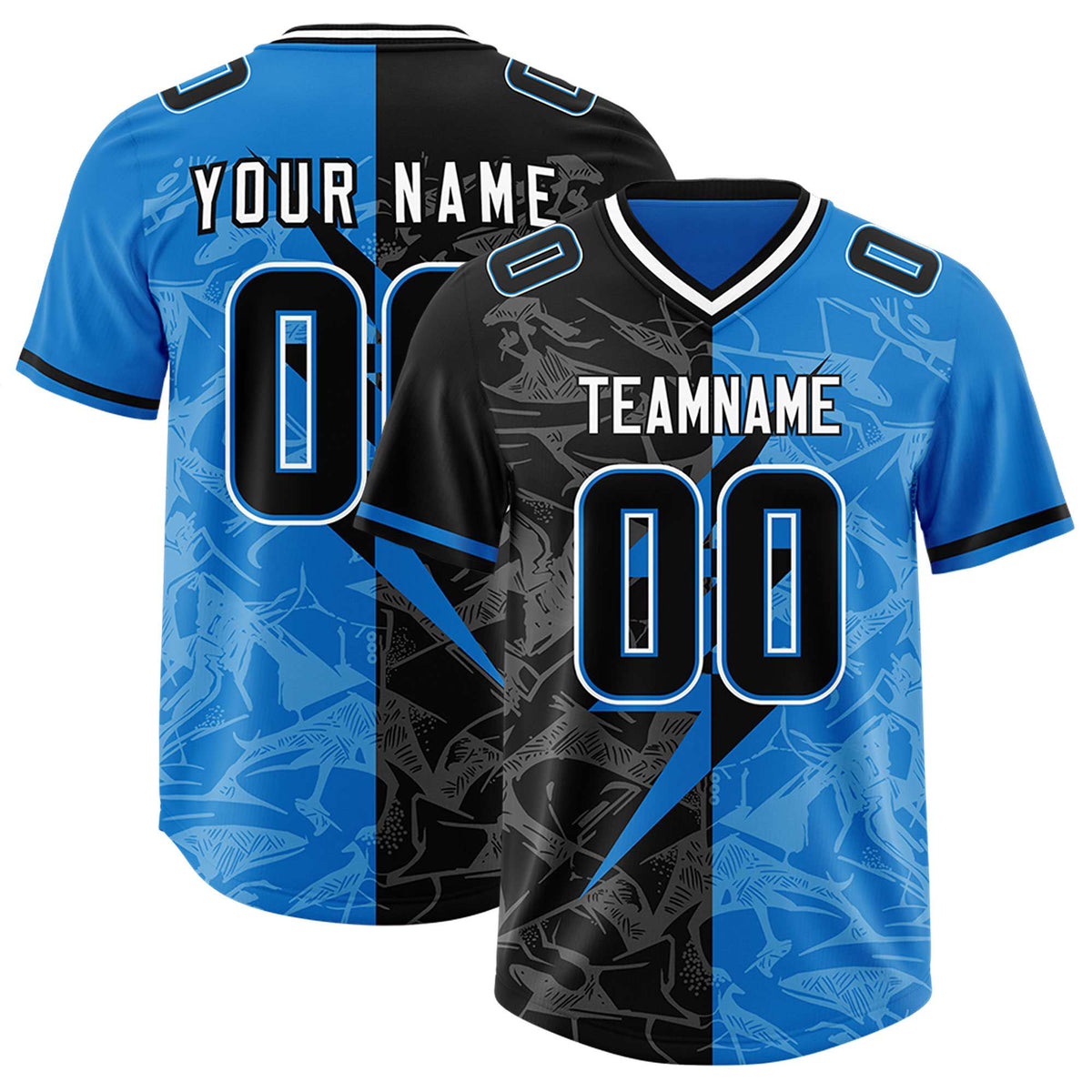 Custom Panther Blue Black Split Personalized Lightning Pattern Football Jersey