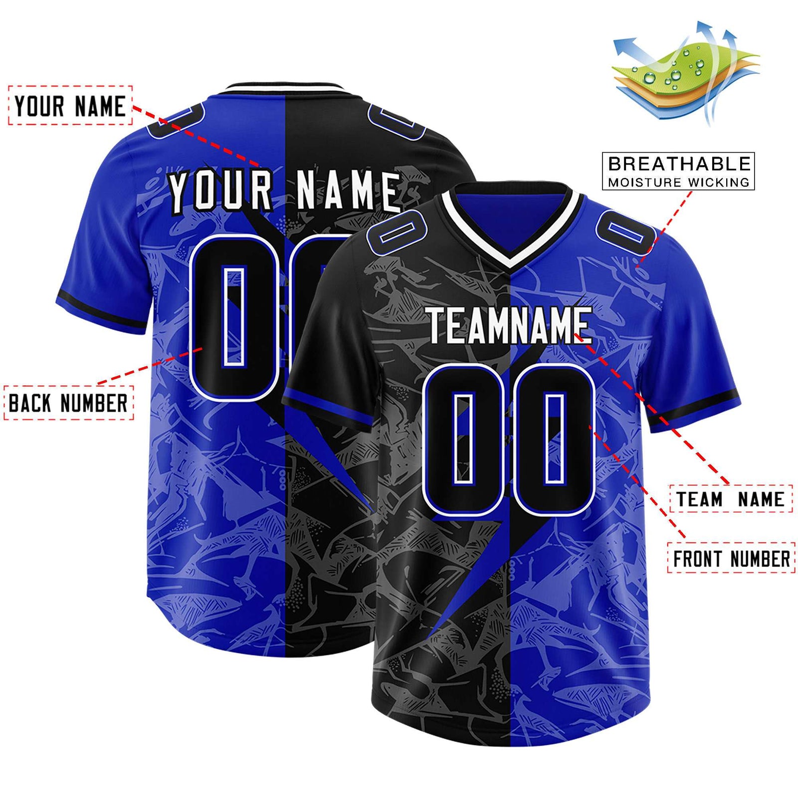 Custom Royal Black Split Personalized Lightning Pattern Football Jersey