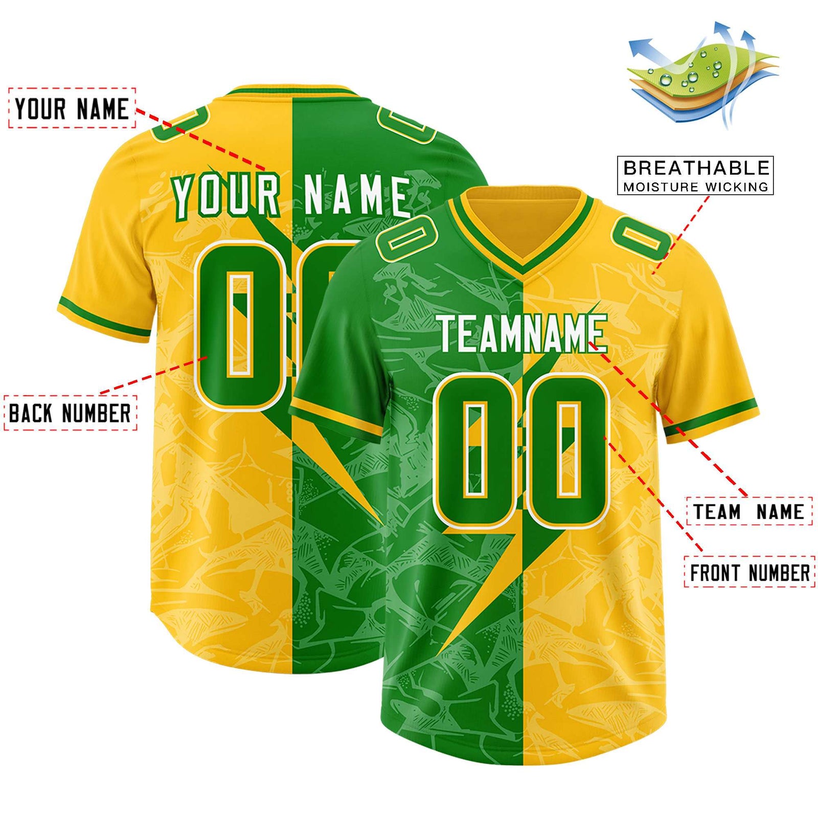 Custom Kelly Green Yellow Split Personalized Lightning Pattern Football Jersey