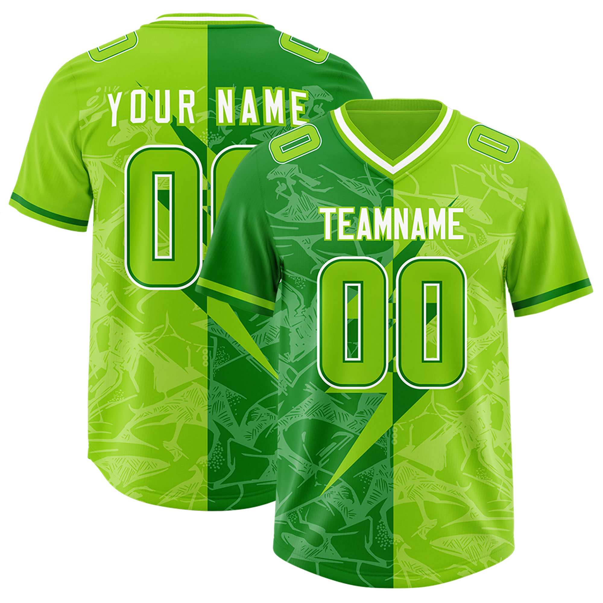 Custom Neon Green Kelly Green Split Personalized Lightning Pattern Football Jersey