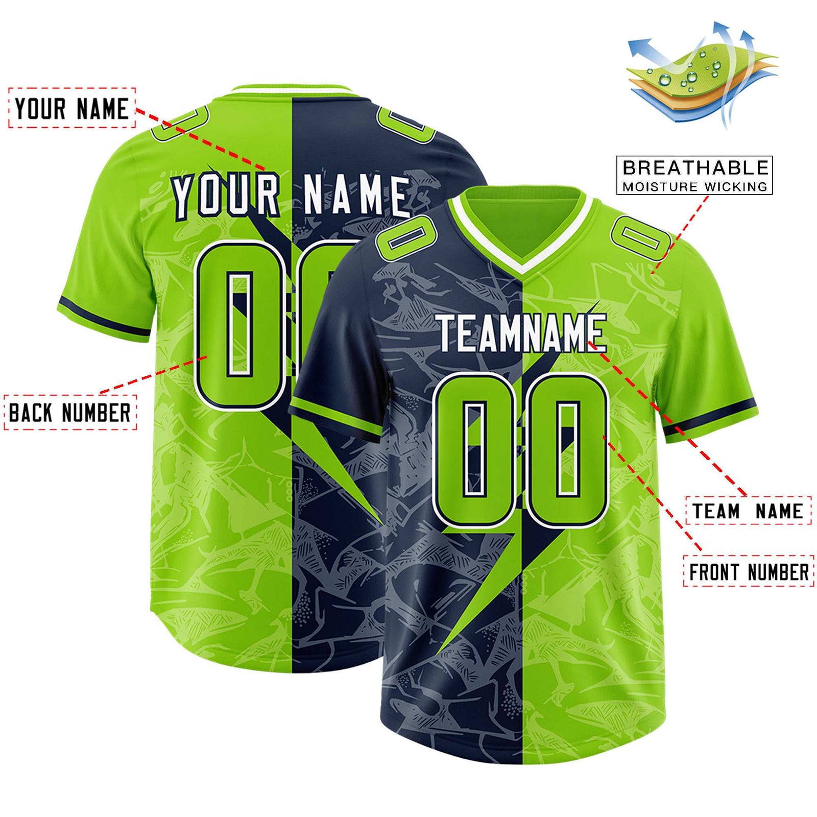 Custom Neon Green Navy Split Personalized Lightning Pattern Football Jersey