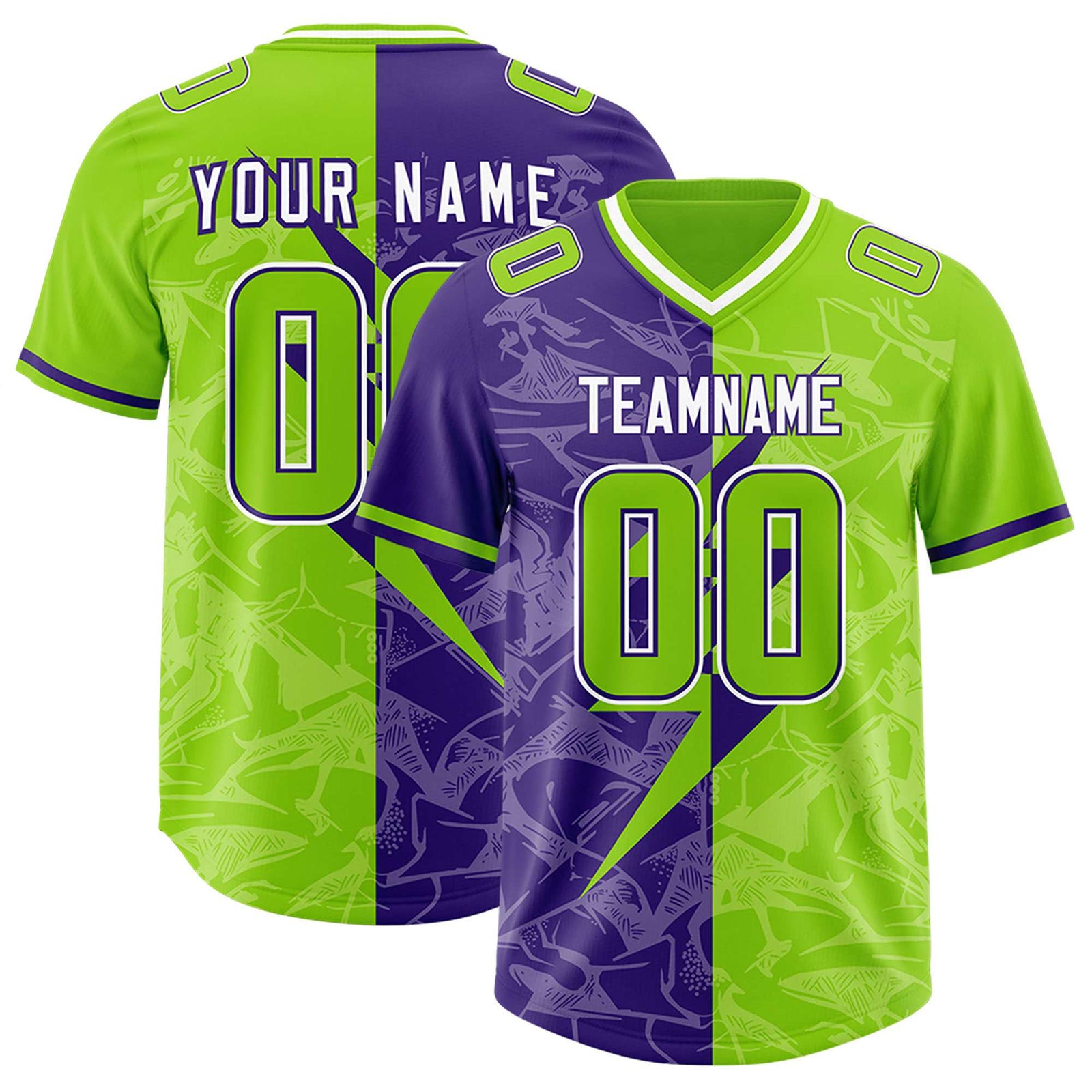 Custom Neon Green Purple Split Personalized Lightning Pattern Football Jersey