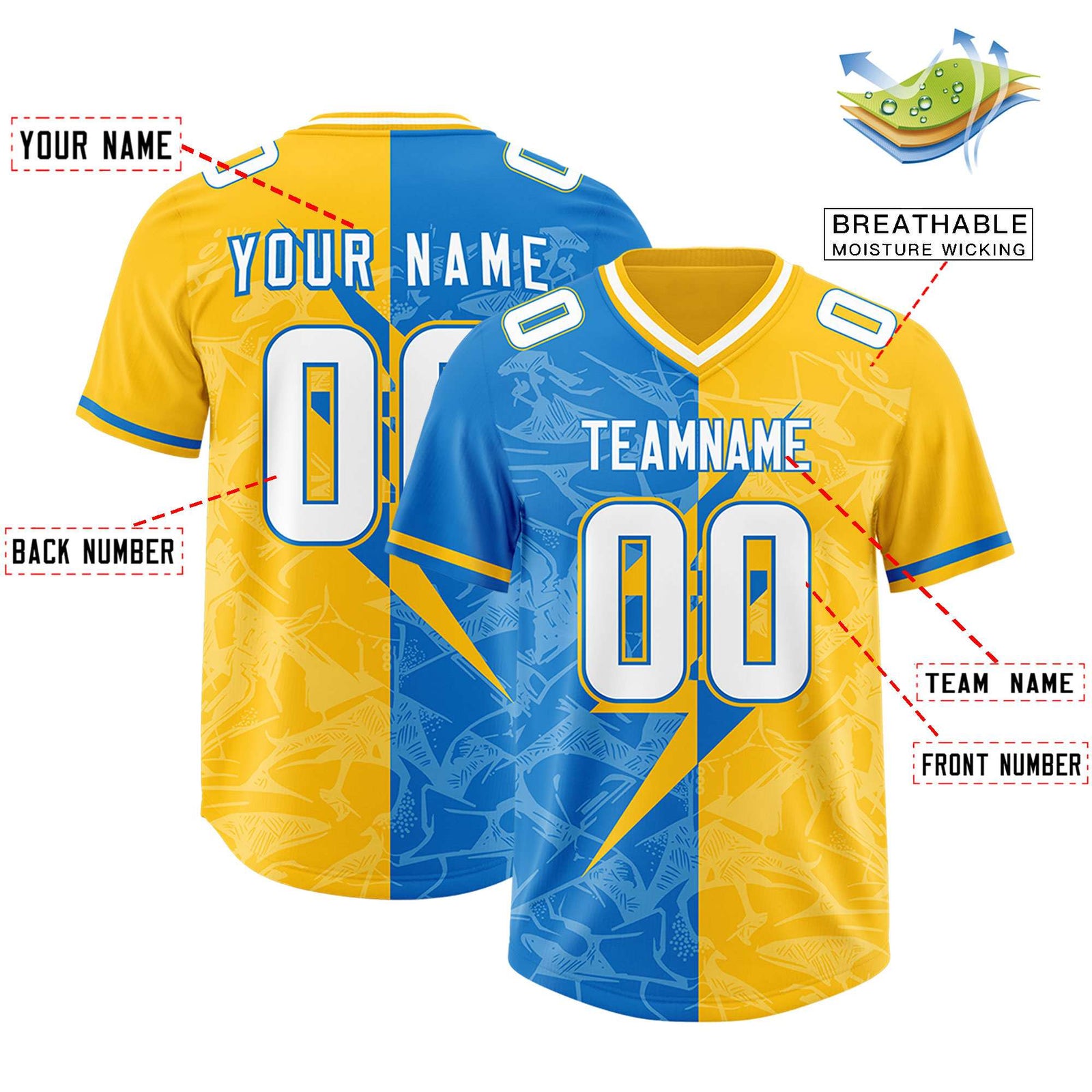 Custom Panther Blue Yellow Split Personalized Lightning Pattern Football Jersey