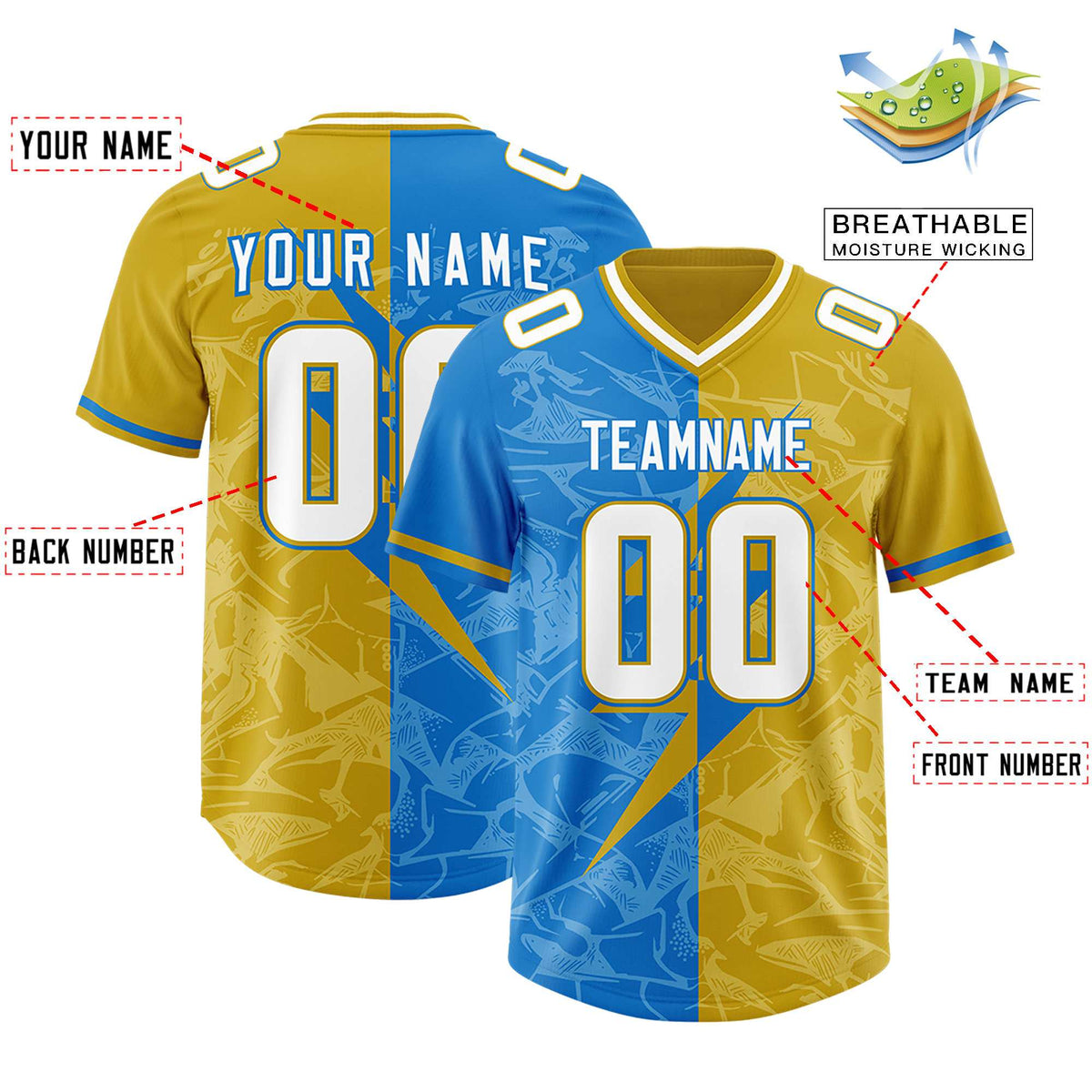 Custom Panther Blue Old Gold Split Personalized Lightning Pattern Football Jersey