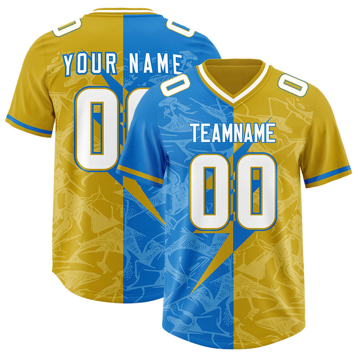Custom Panther Blue Old Gold Split Personalized Lightning Pattern Football Jersey