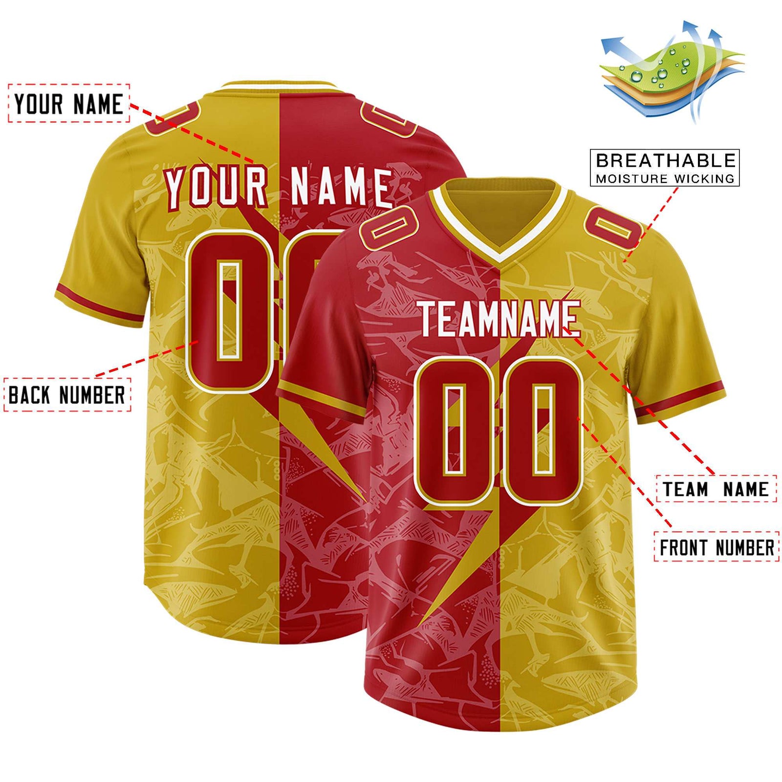 Custom Old Gold Red Split Personalized Lightning Pattern Football Jersey