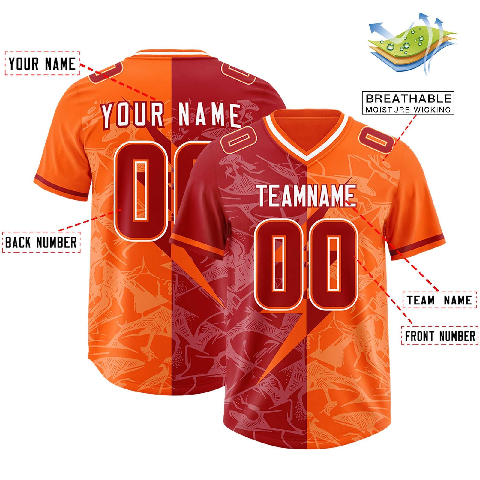 Custom Red Orange Split Personalized Lightning Pattern Football Jersey