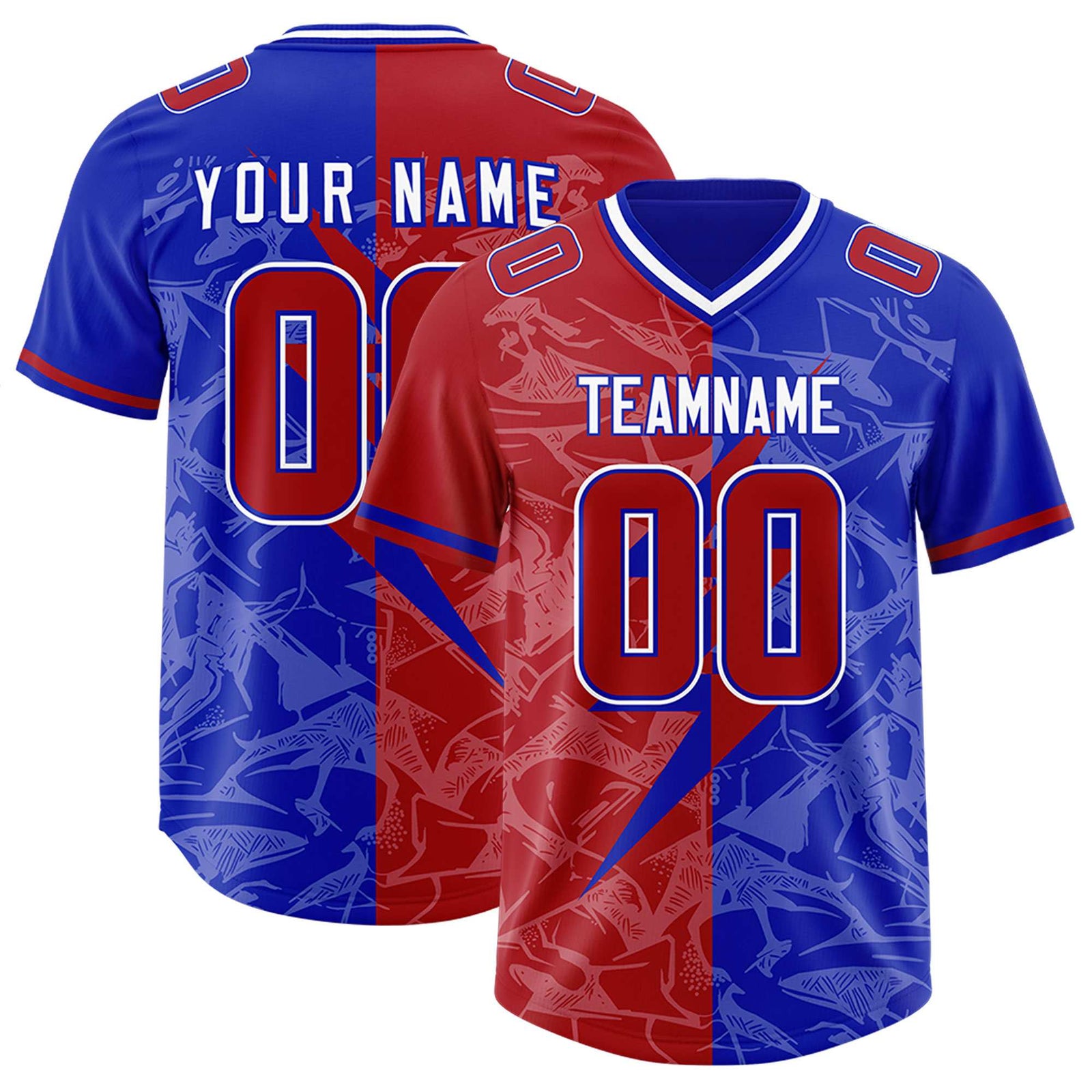 Custom Royal Red Split Personalized Lightning Pattern Football Jersey