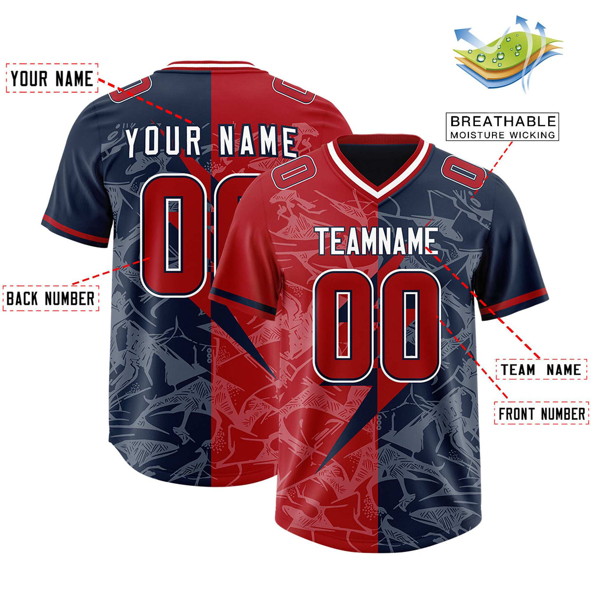Custom Navy Red Split Personalized Lightning Pattern Football Jersey