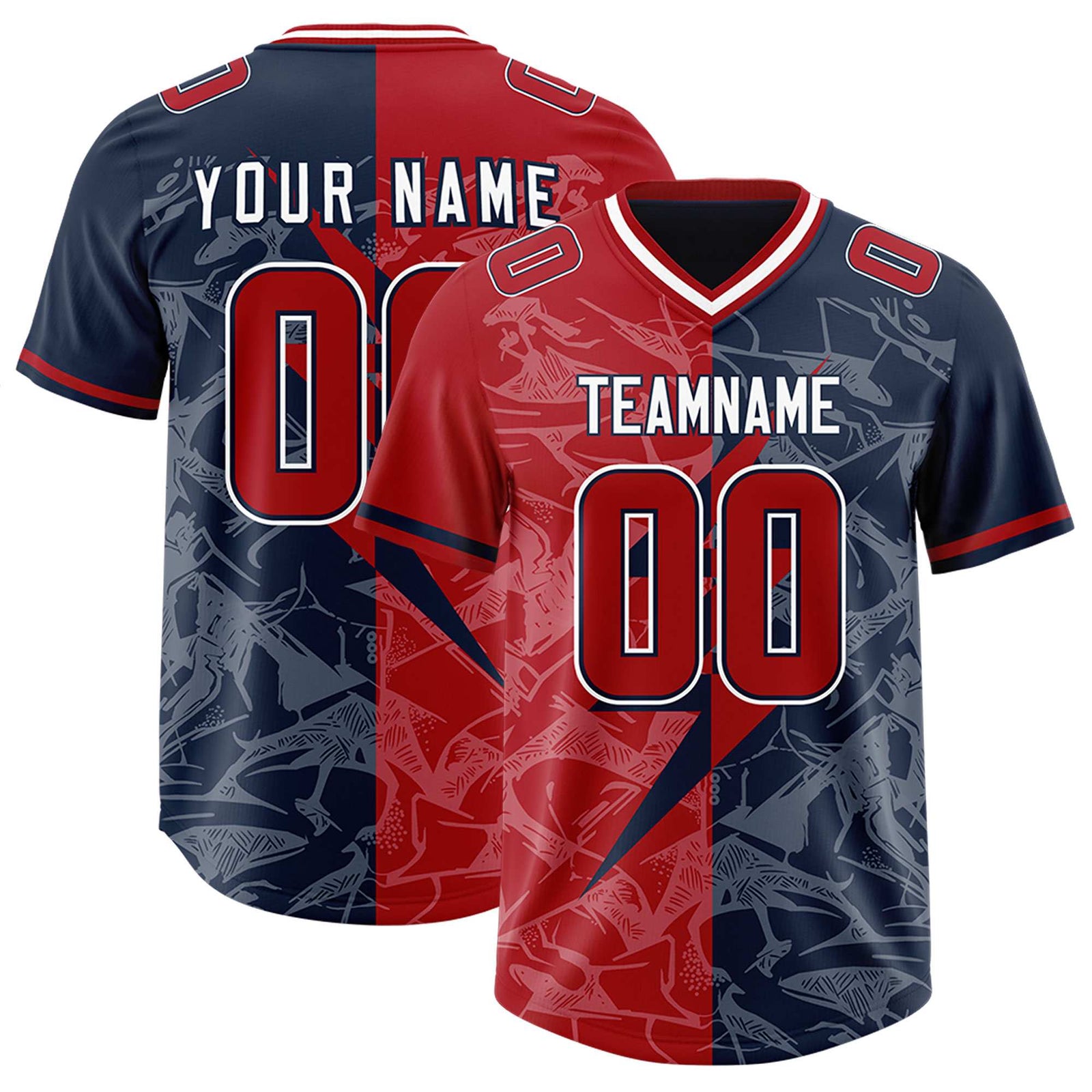 Custom Navy Red Split Personalized Lightning Pattern Football Jersey