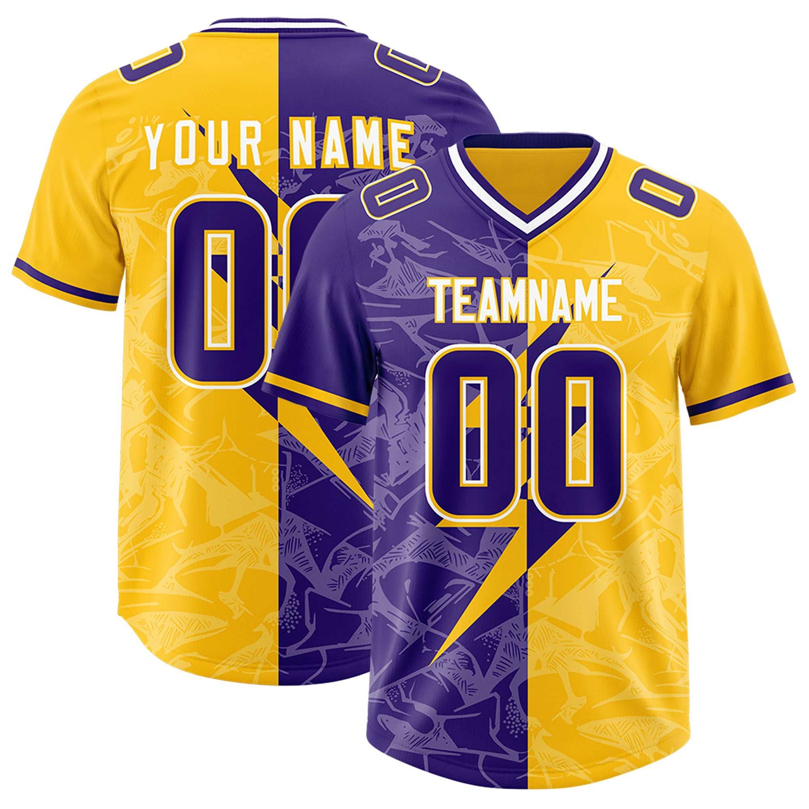 Custom Yellow Purple Split Personalized Lightning Pattern Football Jersey