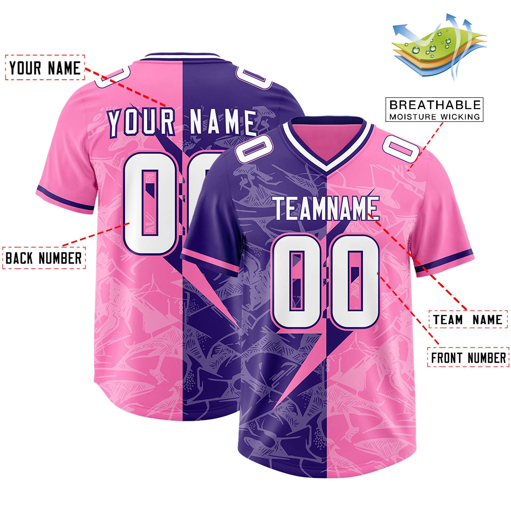 Custom Pink Purple Split Personalized Lightning Pattern Football Jersey