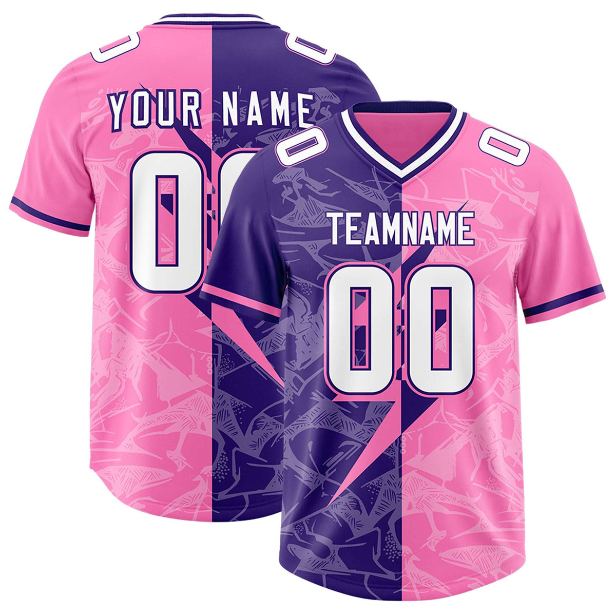 Custom Pink Purple Split Personalized Lightning Pattern Football Jersey