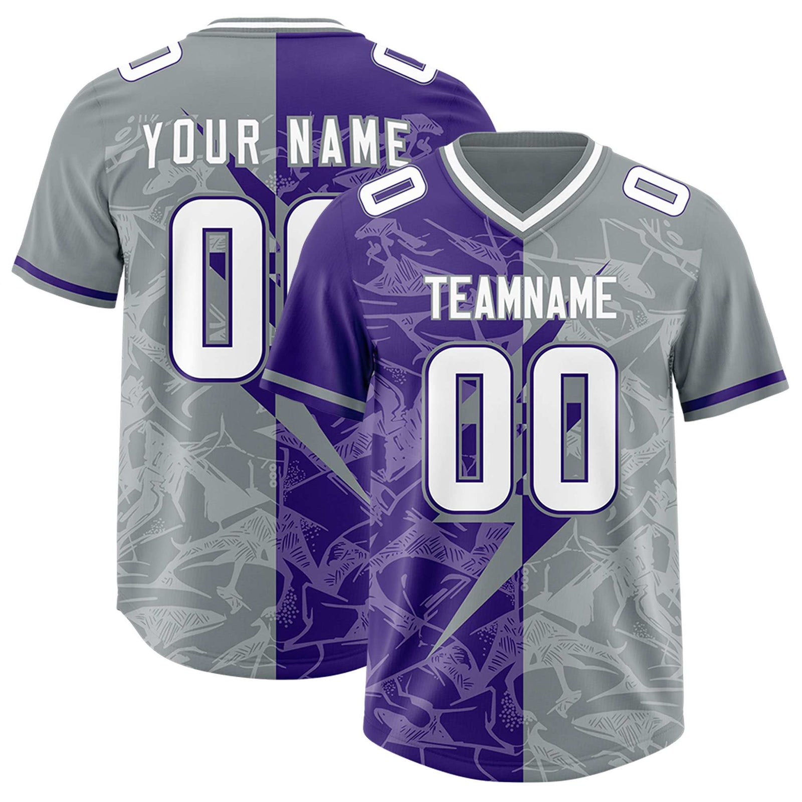 Custom Purple Gray Split Personalized Lightning Pattern Football Jersey