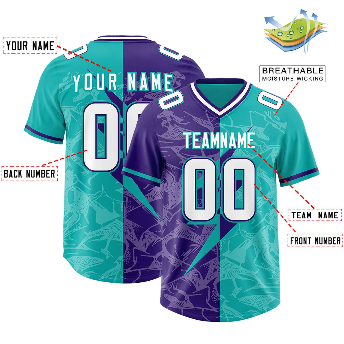 Custom Aqua Purple Split Personalized Lightning Pattern Football Jersey