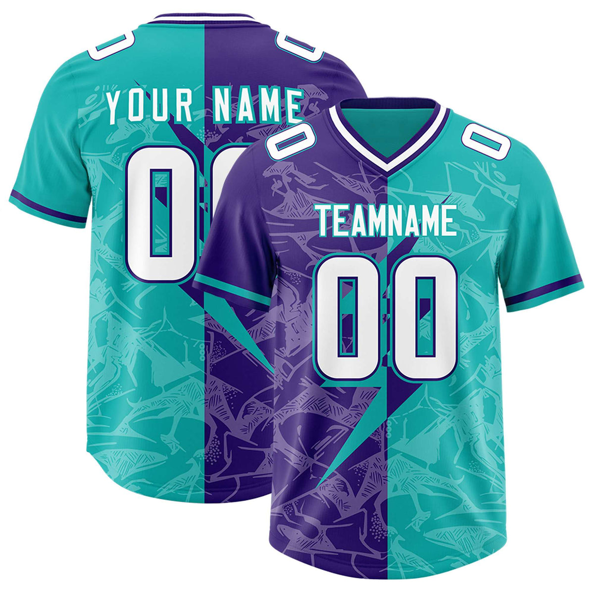 Custom Aqua Purple Split Personalized Lightning Pattern Football Jersey
