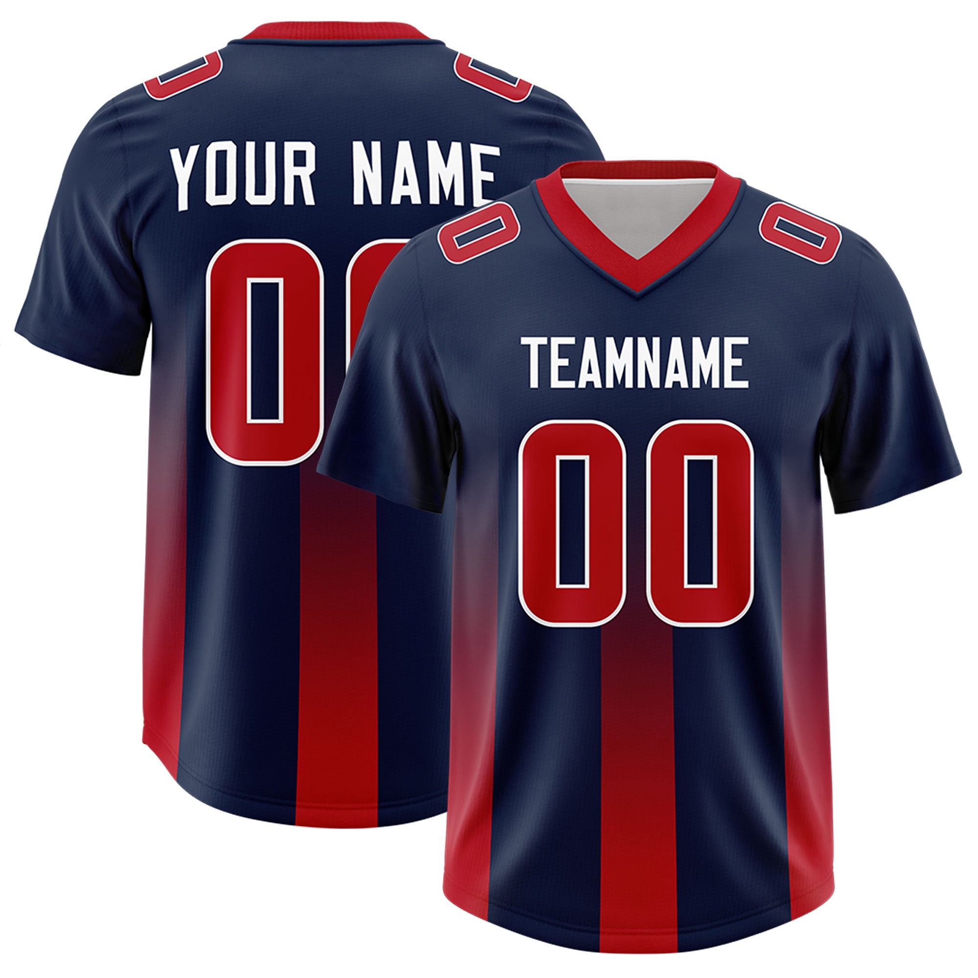 Custom Navy Red Vertical Width Stripe Gradient Fashion Personalized Team Football Jersey