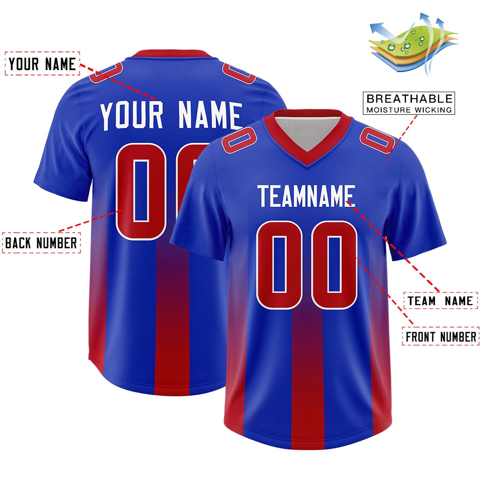 Custom Royal Red Vertical Width Stripe Gradient Fashion Personalized Team Football Jersey