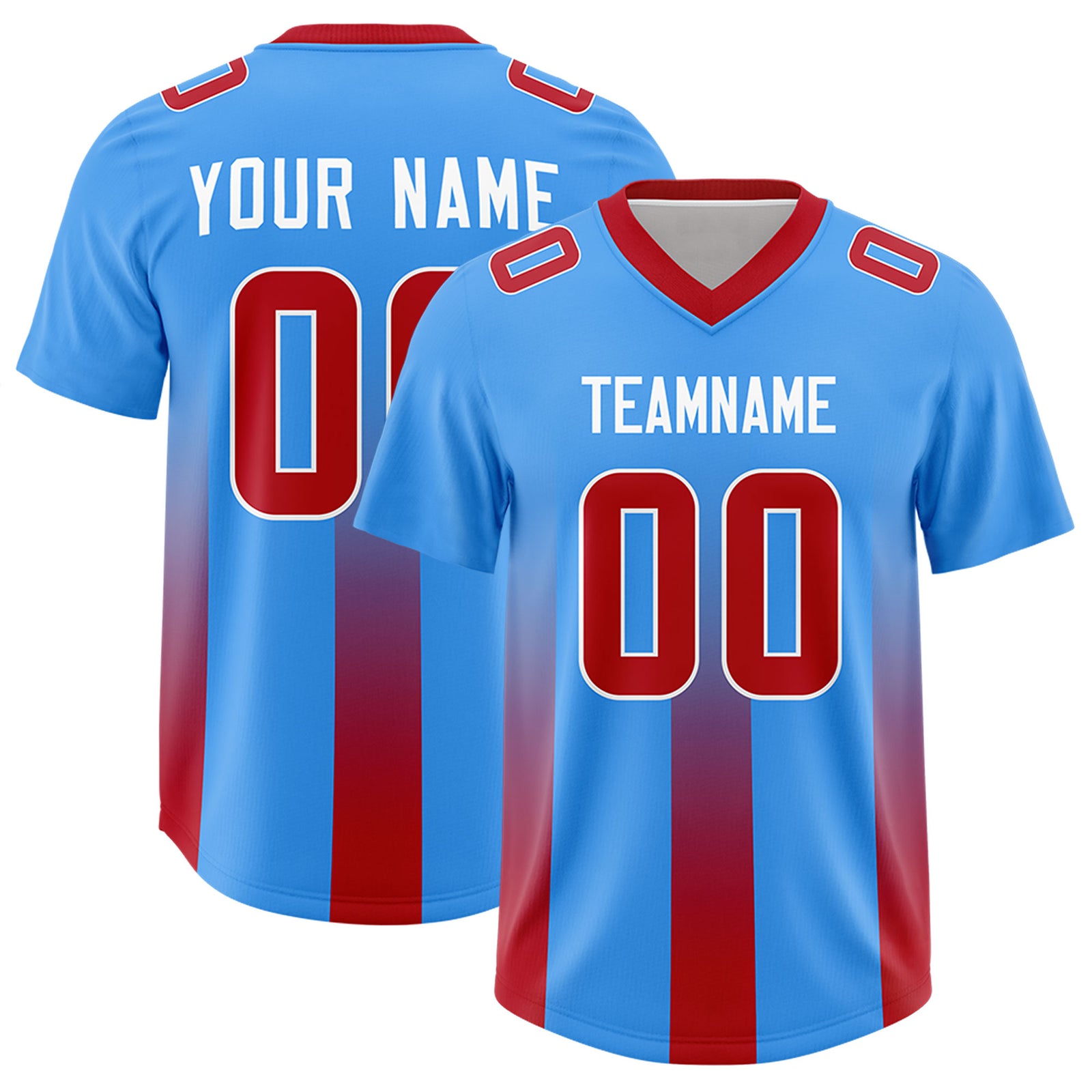 Custom Light Blue Red Vertical Width Stripe Gradient Fashion Personalized Team Football Jersey
