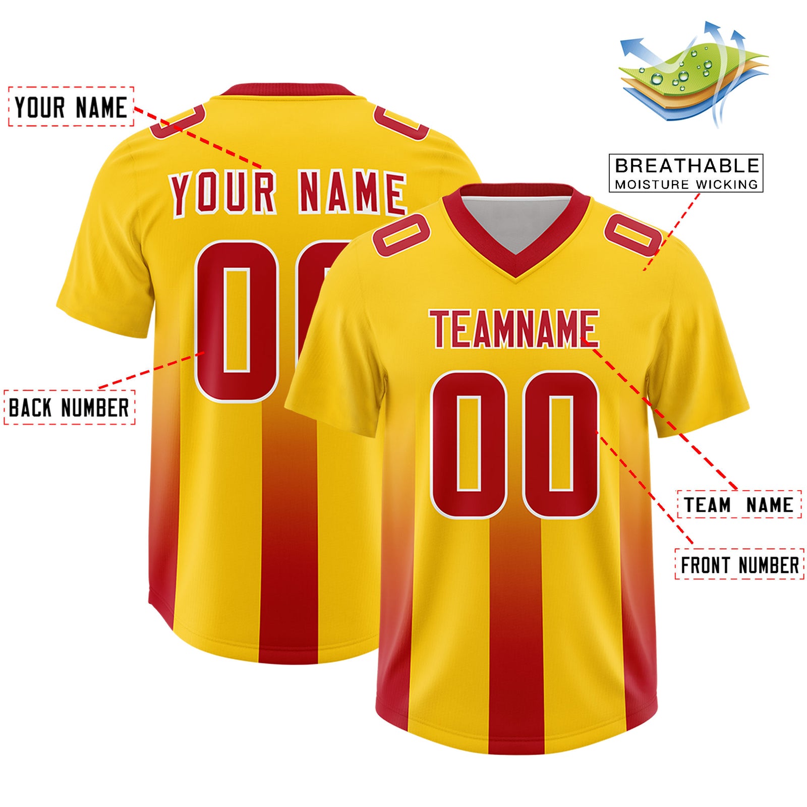 Custom Yellow Red Vertical Width Stripe Gradient Fashion Personalized Team Football Jersey