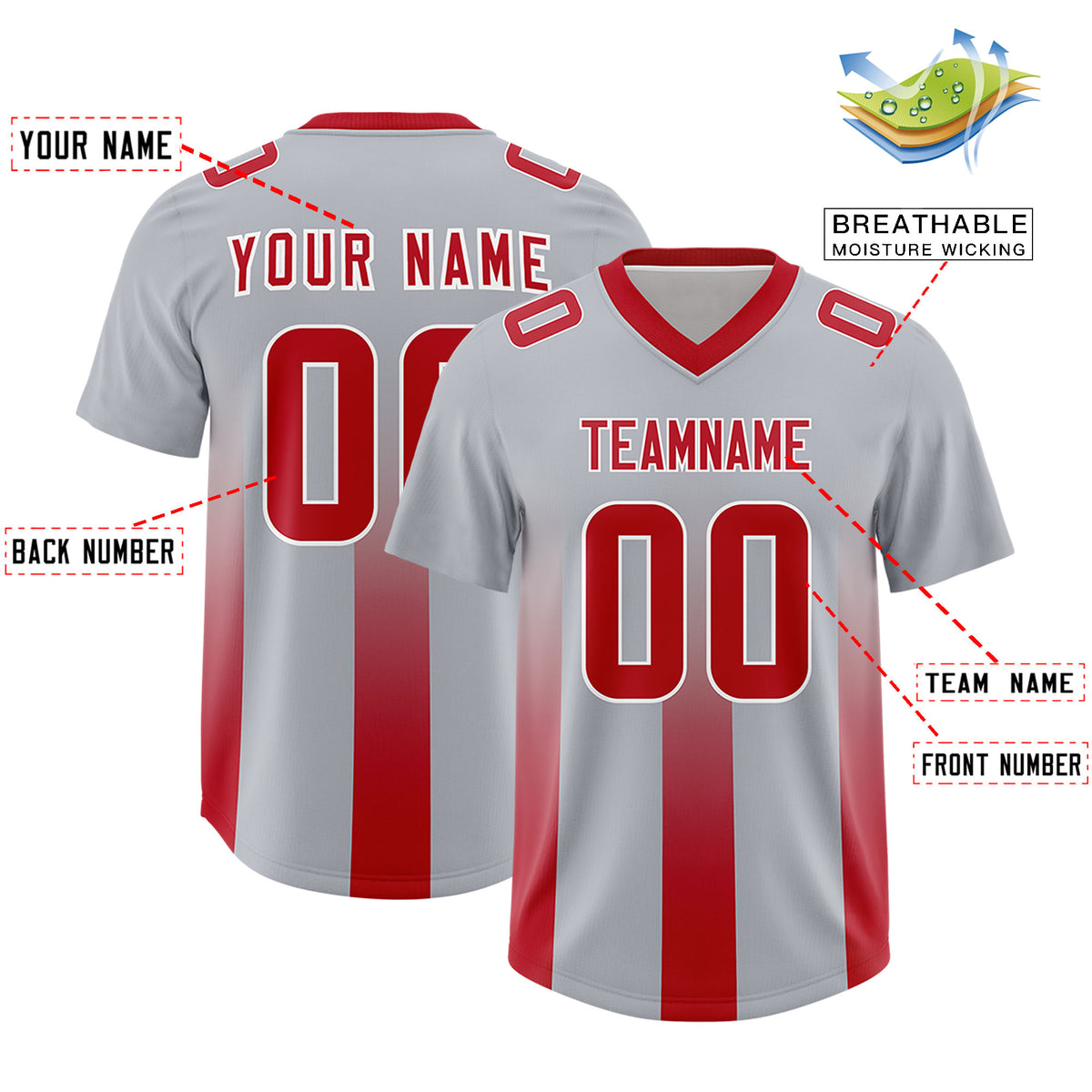 Custom Gray Red Vertical Width Stripe Gradient Fashion Personalized Team Football Jersey