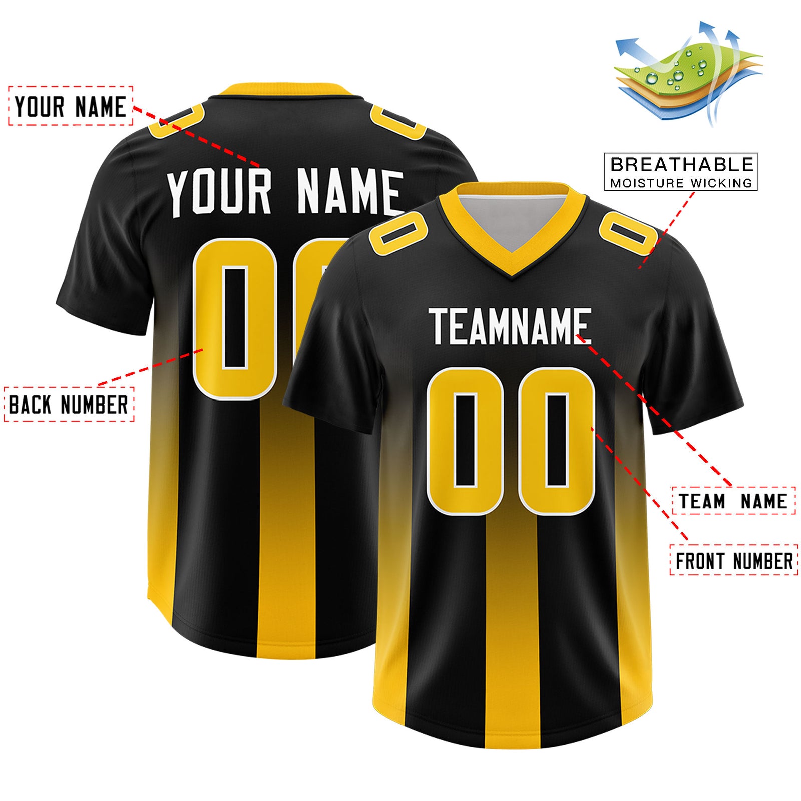Custom Black Yellow Vertical Width Stripe Gradient Fashion Personalized Team Football Jersey