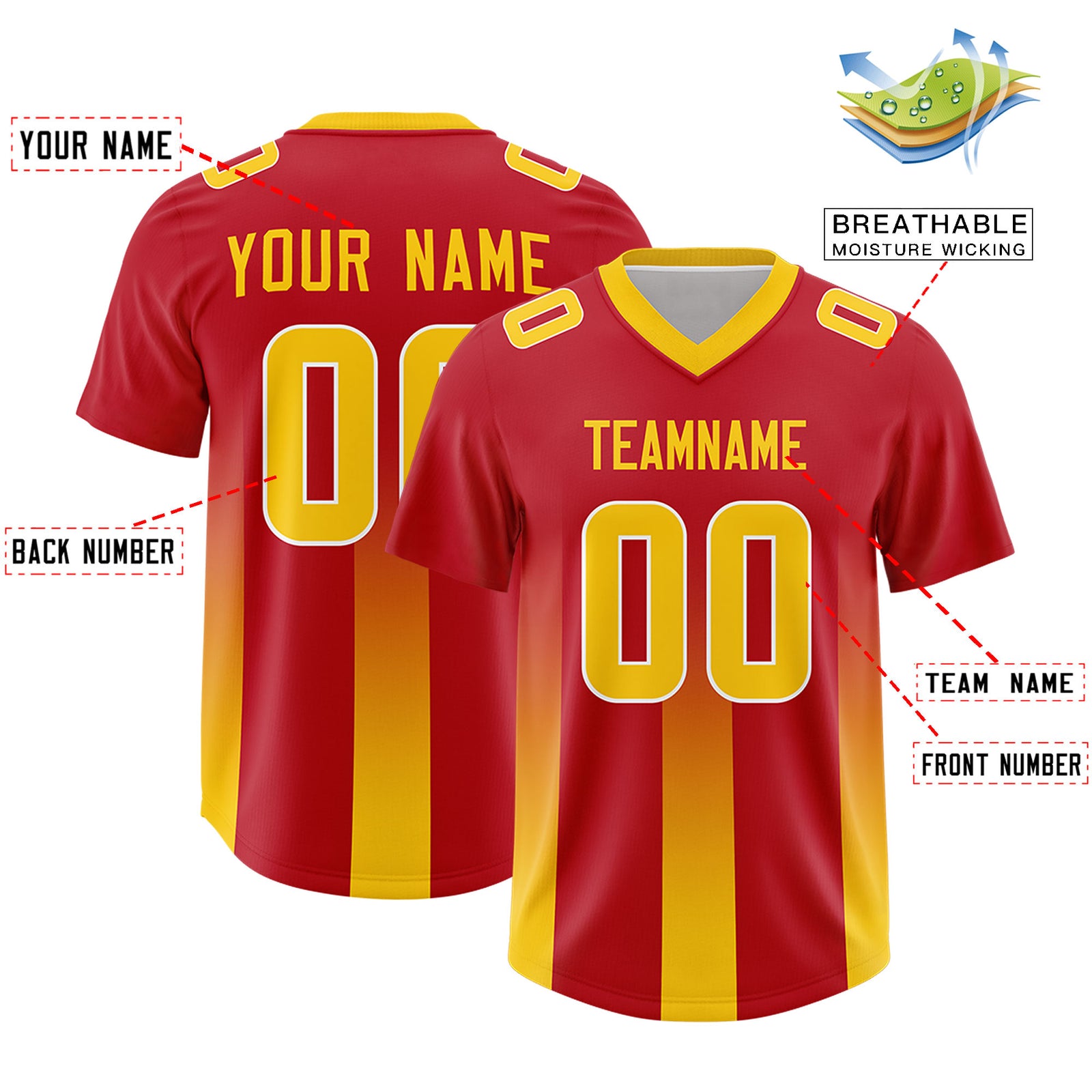 Custom Red Yellow Vertical Width Stripe Gradient Fashion Personalized Team Football Jersey