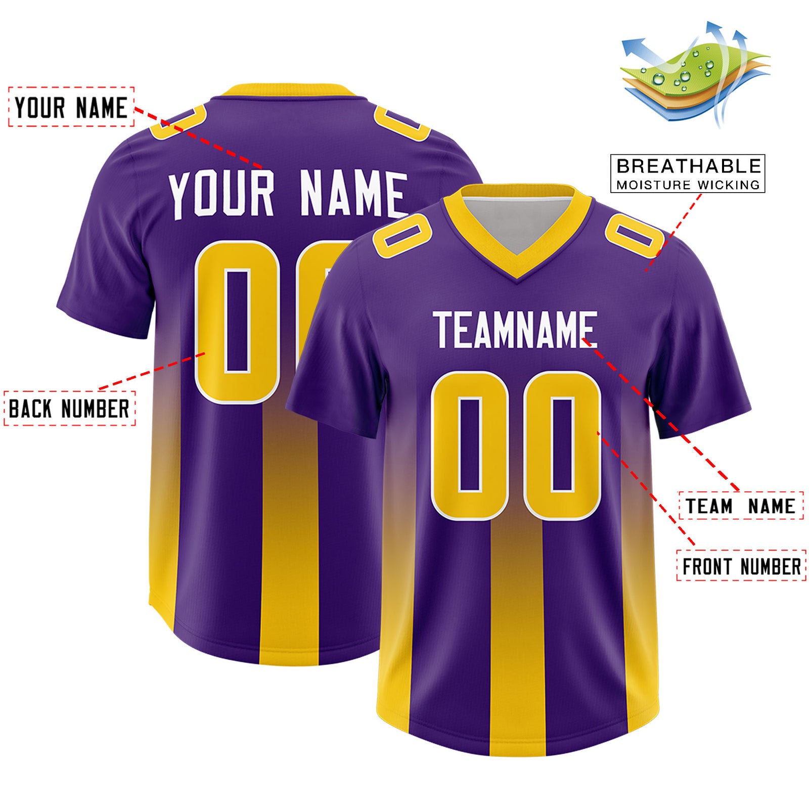 Custom Purple Yellow Vertical Width Stripe Gradient Fashion Personalized Team Football Jersey