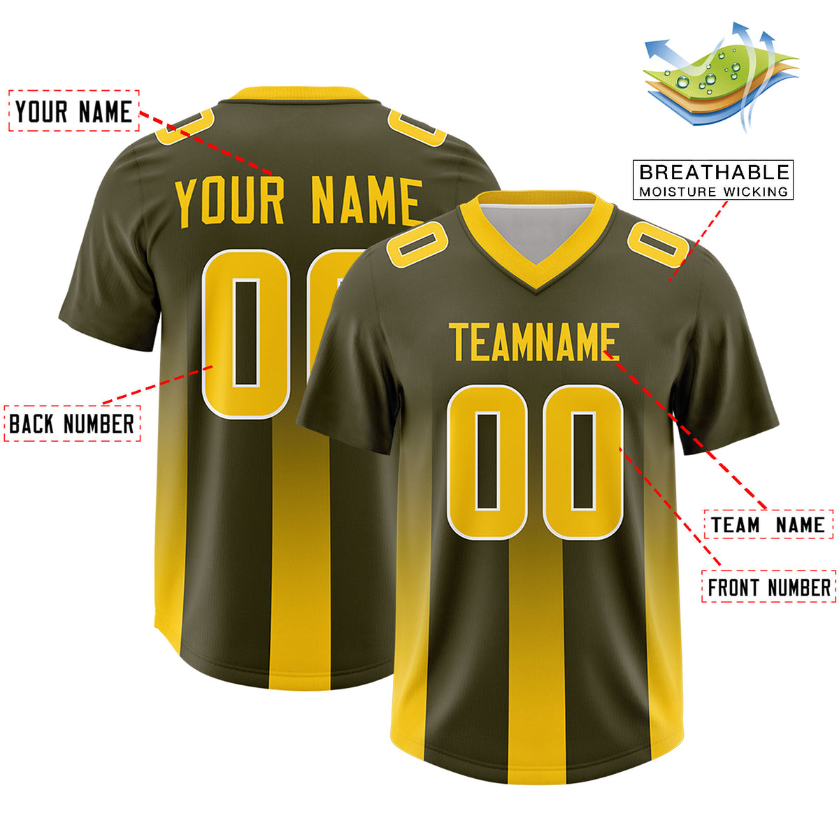 Custom Olive Yellow Vertical Width Stripe Gradient Fashion Personalized Team Football Jersey