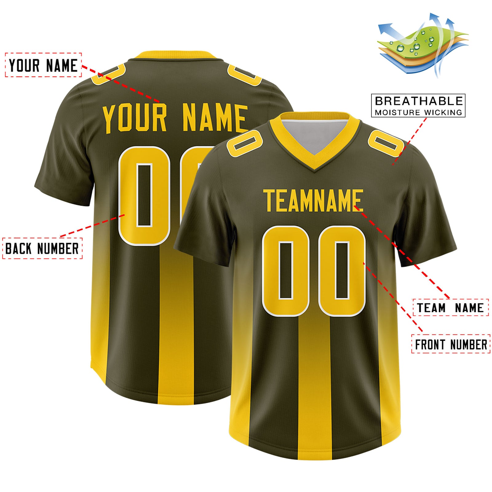 Custom Olive Yellow Vertical Width Stripe Gradient Fashion Personalized Team Football Jersey