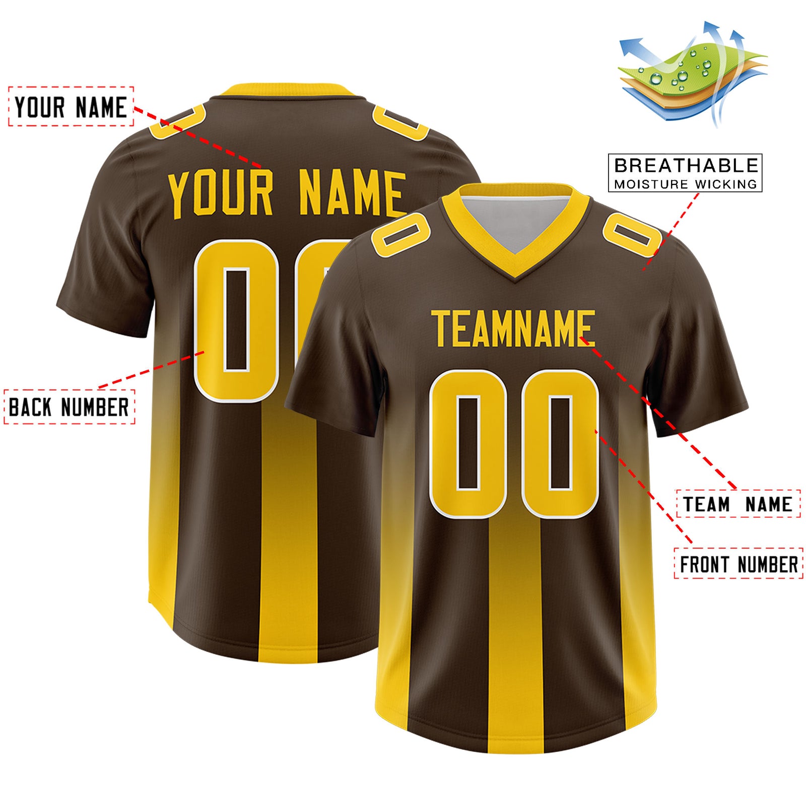 Custom Brown Yellow Vertical Width Stripe Gradient Fashion Personalized Team Football Jersey