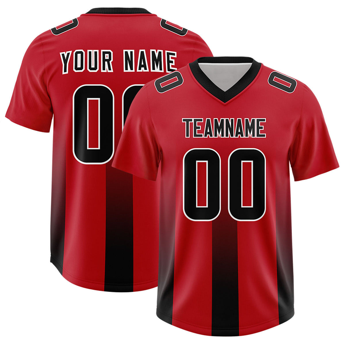 Custom Red Black Vertical Width Stripe Gradient Fashion Personalized Team Football Jersey