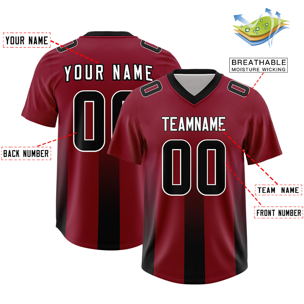Custom Cardinal Black Vertical Width Stripe Gradient Fashion Personalized Team Football Jersey