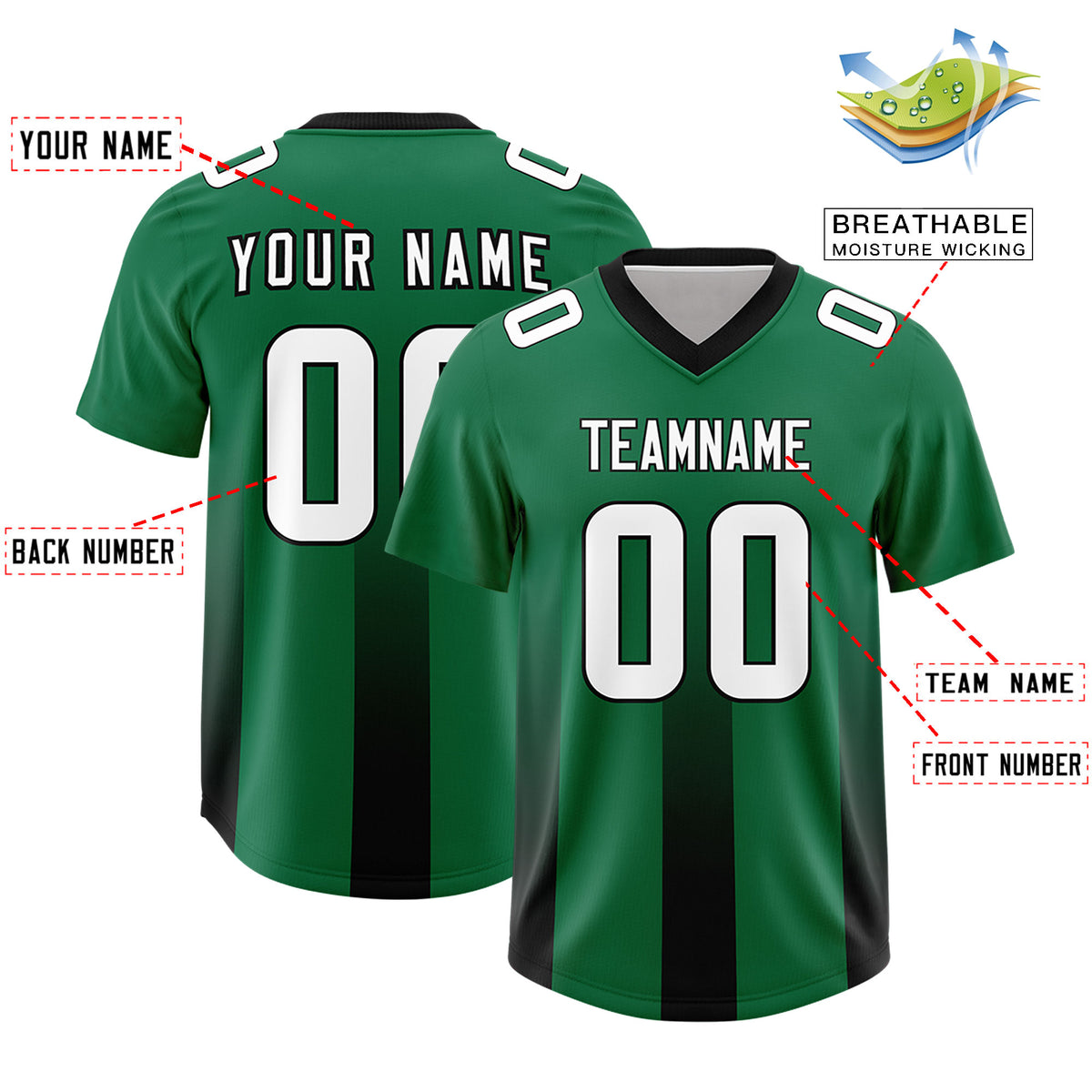 Custom Kelly Green Black Vertical Width Stripe Gradient Fashion Personalized Team Football Jersey