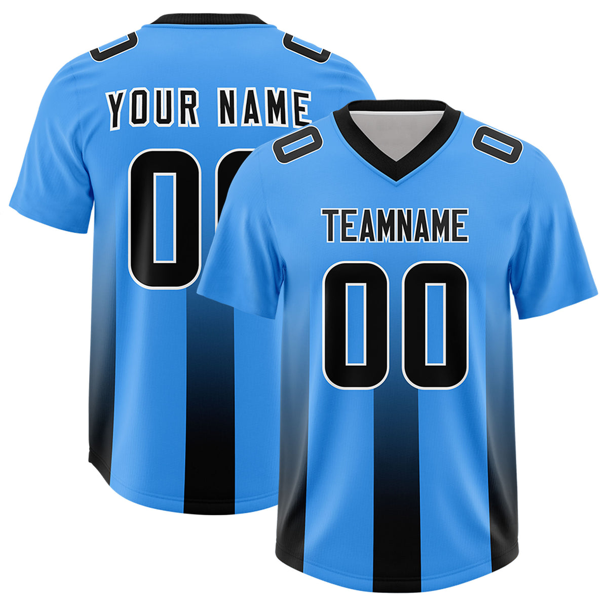 Custom Light Blue Black Vertical Width Stripe Gradient Fashion Personalized Team Football Jersey