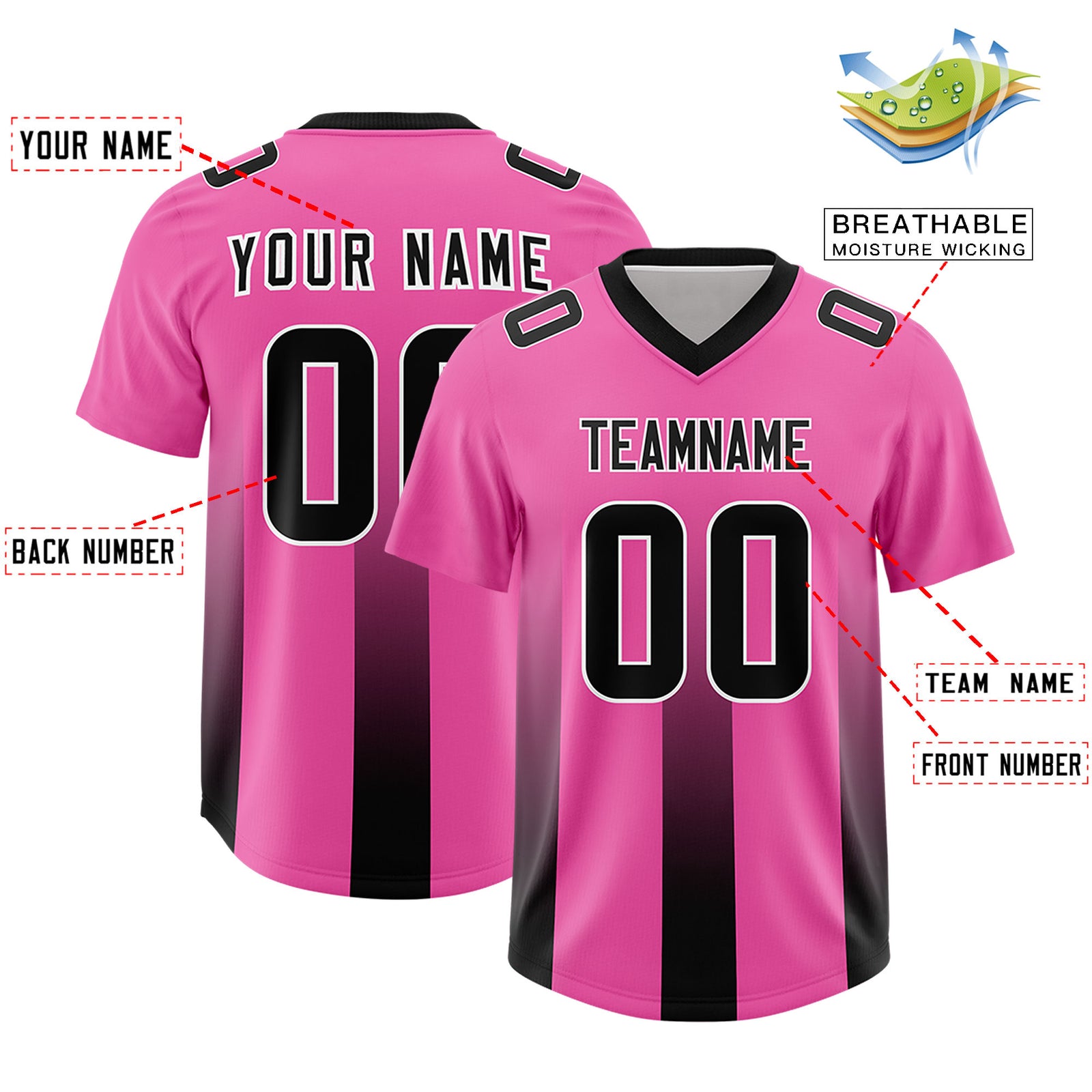 Custom Pink Black Vertical Width Stripe Gradient Fashion Personalized Team Football Jersey
