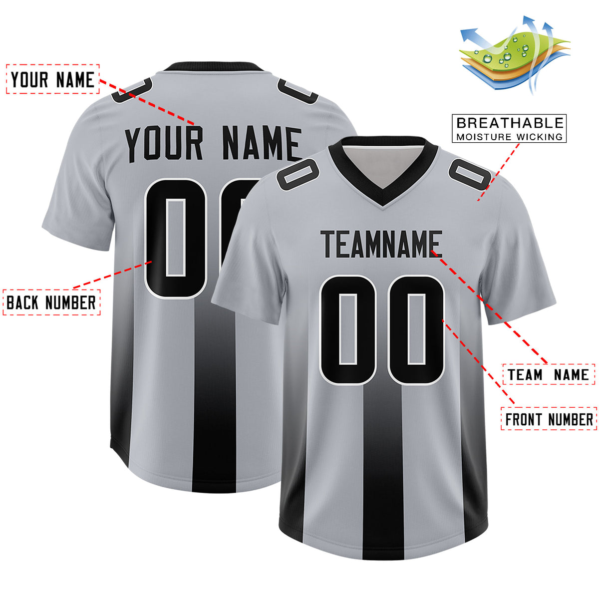 Custom Gray Black Vertical Width Stripe Gradient Fashion Personalized Team Football Jersey