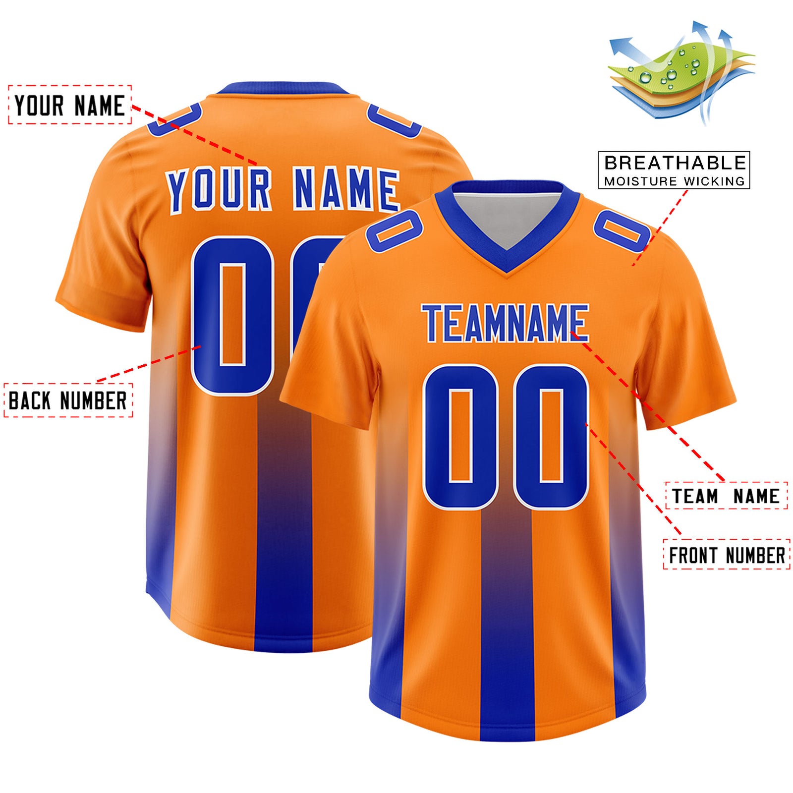 Custom Orange Royal Vertical Width Stripe Gradient Fashion Personalized Team Football Jersey