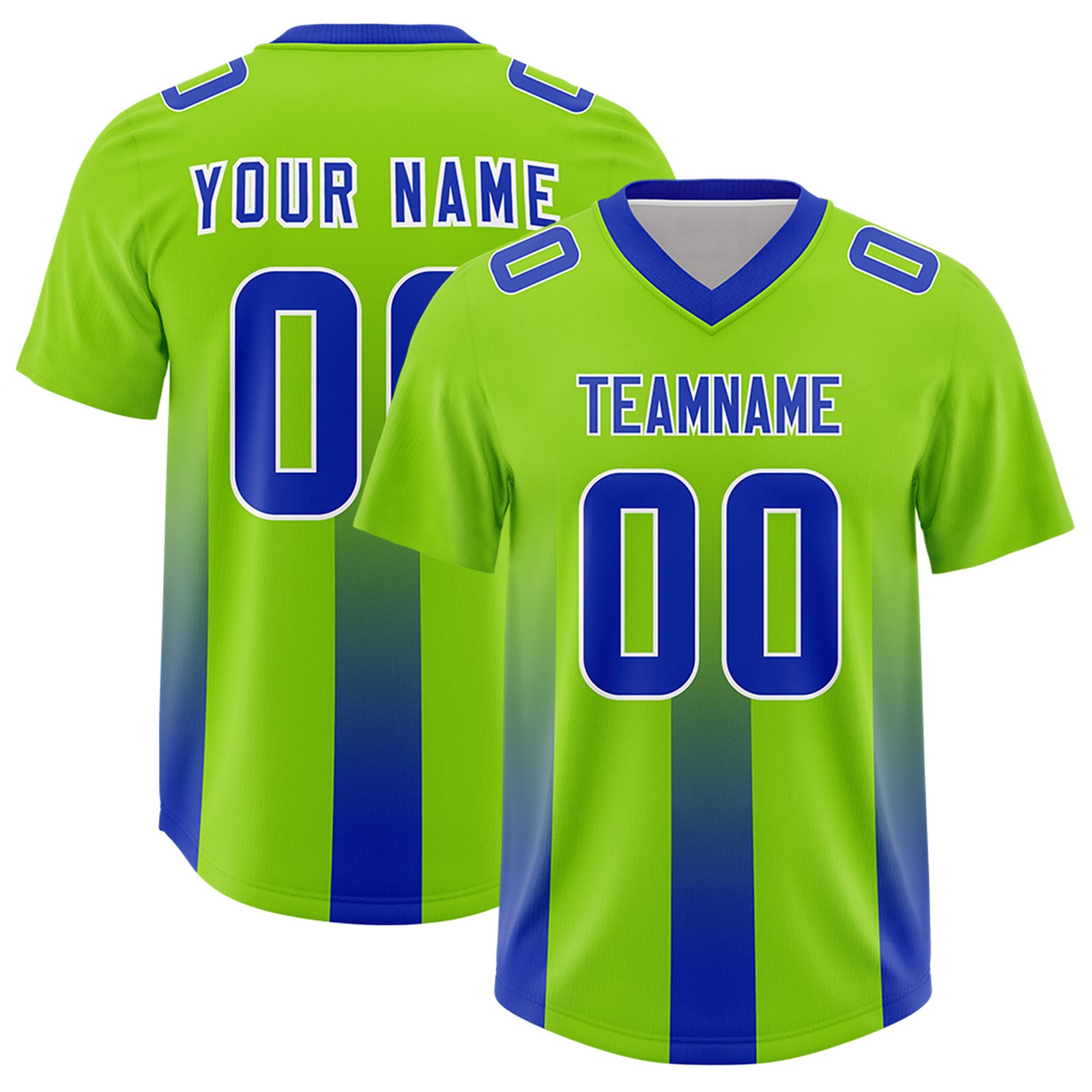 Custom Neon Green Royal Vertical Width Stripe Gradient Fashion Personalized Team Football Jersey