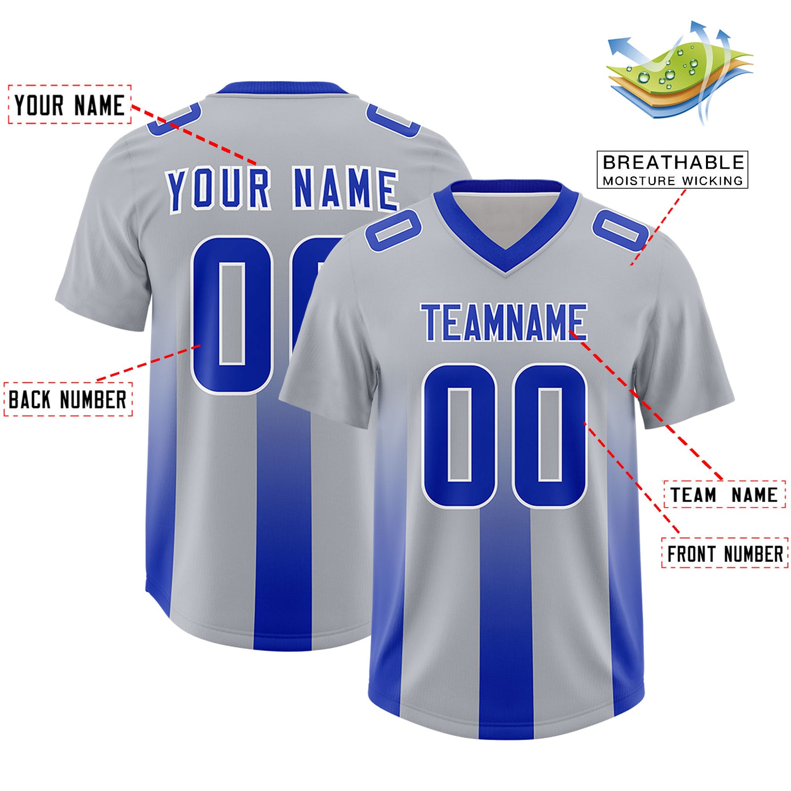 Custom Gray Royal Vertical Width Stripe Gradient Fashion Personalized Team Football Jersey