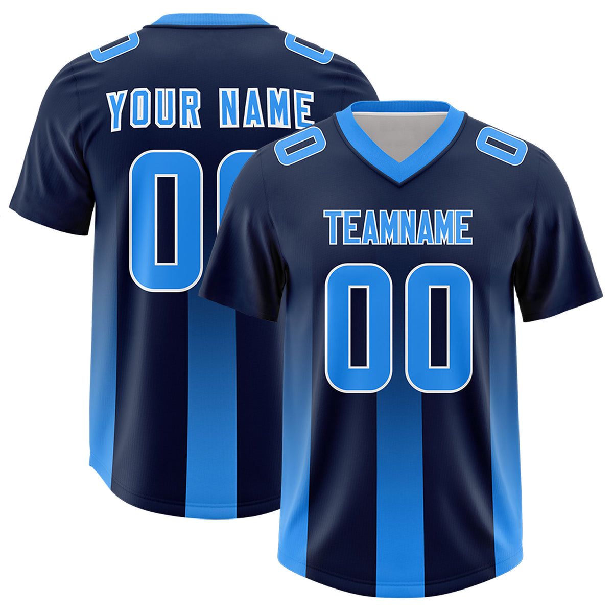 Custom Navy Light Blue Vertical Width Stripe Gradient Fashion Personalized Team Football Jersey